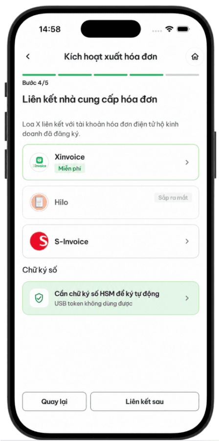 BƯỚC 5: LIÊN KẾT NHÀ CUNG CẤP HÓA ĐƠN ĐIỆN TỬ — Hướng dẫn sử dụng tính năng Hoá đơn điện tử